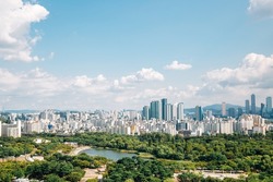 Panoramic view of Seoul city and green forest from Sky park in Korea