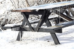 Picnic table. Black. Snowy scene. Snow. Winter. Icy. Icicles. Bushes. Shrubs. Bare branches. Cold. Frozen. Freezing. Hanging down. Park. Frost. Wooden. Wood. 