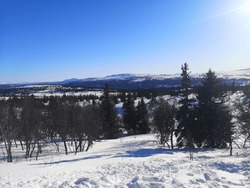 Winter landscape of Swedish mountains. Blue sky over snow-capped peaks. Frosty scenery with beautiful snowy terrain. Nordic nature at its finest.