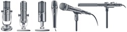 Professional sound recording equipment. Microphones collection in realistic style for voice record. Equipment for audio podcast broadcast or music. Isolated vector illustration. 3d on white background.