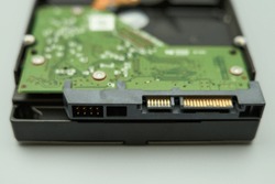 The SATA connector of a hard disk drive, gray background      
