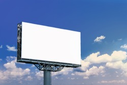 Blank billboard mockup with white screen against clouds and blue sky background. Copy space banner for advertisement. Business Concept. 