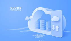 3D Cloud computing upload and download data online service with mobile. Digital technology background. Vector art illustration