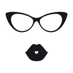 frame of glasses in the style of cat eyes and black silhouette of lips in a kiss