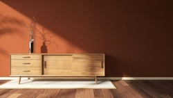 3d render image of a warm red brick wall in the living room which has a wooden media cabinet and morning sun light shine through the window. Nobody, Minimal design, Contemporary, Pantone, Background.