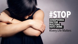 Stop asian hate hashtag, Typography design of Against Anti-AAPI, Xenophobia, racism, Bullying, Hate crimes concept. Yellow and black wording on picture of a fearful and anxiety Asian woman. Backdrop.
