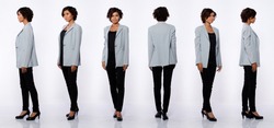 Collage Group Full length Figure snap of 20s Asian Woman black short curl hair gray suit jacket pant and shoes. Office girl stands turns 360 around rear side back view over white Background isolated