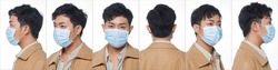Collage Group Face Head Shot Portrait of 20s Asian man suit jacket pant. Office male wear surgical mask turns 360 angle around rear side back view many looks over white Background isolated