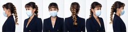 Collage Group Face Head Shot Portrait of 20s Asian Woman brown pia hair blue suit. Girl wear Surgical Mask to protect Virus covid in 360 many angle view over white Background isolated