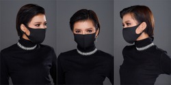 Collage Group Half Body Portrait of 20s Asian Woman black hair black turtle neck dress. Fashion Girl poses many view looks, cosmetic on Eyes, wear protective face mask over gray Background isolated