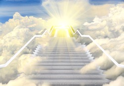 Long Staircase high way to heaven, Empty Stair steps along Cloud in Sky to Light of Hope or Sun. Concept Bright Future in Life. Stairs way lead up to heaven sky toward light, copy space