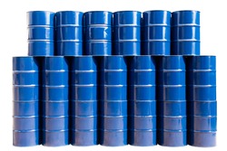 New Steel Barrel, blue oil tank stack many drum in Toxic waste warehouse. Barrels contains Chemical and industrial Hazard storage in factory, isolated white background