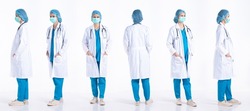 Full length 20s young Mix Race hospital Doctor Woman, 360 front side rear back view, wear mask stethoscope coat uniform. Surgeon female feels happy smile over white background isolated