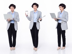 Full length 30s 40s Asian Woman teacher manager business, working hard thinking, wear formal blazer pants shoes. Smile Office female carry laptop coffee cup over white background isolated