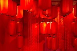 red Chinese lantern decoration room background with hearts shape curtain