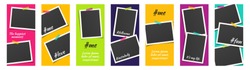 Editable Bright Social Network Stories Template Set with Photo Frames and Adhesive Tapes, Color Stickers for Sale. Vector mock up, Multicolored Story Collection.