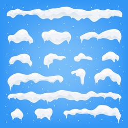 Snow caps, snowballs and snowdrifts set. Snow cap vector collection. Winter decoration element. Snowy elements on blue background. Cartoon template. Snowfall and snowflakes in motion. Illustration.