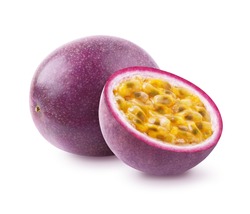Passion fruit isolated. Whole passionfruit and a half of maracuya isolated on white background. Clipping path included.
