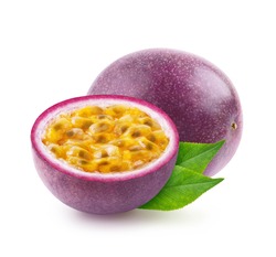 Passion fruit isolated. Whole passionfruit and a half of maracuya with leaves isolated on white background. Clipping path included.