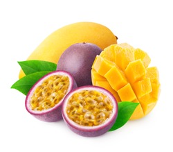 Mango and passion fruit isolated. Group of exotic tropical fruits. Clipping path included