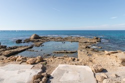 The ruins of Herod Palace in the Caesarea fortress built by Herod the Great near Caesarea city, on the shores of the Mediterranean Sea, in northern Israel