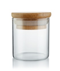 Empty storage kitchen jar with wood lid isolated on white.