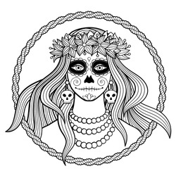 Black and white vector illustration of young woman wearing wreath of flowers with traditional make up for Dia de los Muertos (Day of the dead) celebration