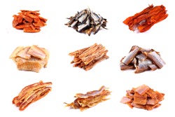 Different kinds of dried fish. Collage