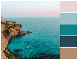 Sunset sea color palette. Harmonious colour combinations. Pastel colour swatch.