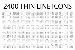Set of 2400 modern thin line icons. Outline isolated signs for mobile and web. High quality pictograms. Linear icons set of business, medical, UI and UX, media, money, travel, etc.