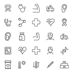 Stroke line icons set of healthcare. Simple symbols for app development and website design. Vector outline pictograms isolated on a white background. Pack of stroke icons. 
