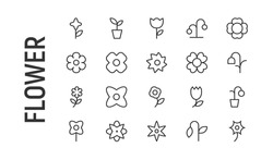 Vector set of flower thin line icons. Design of 20 stroke pictograms. Signs of flower isolated on a white background.