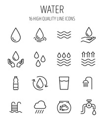 Set of water in modern thin line style. High quality black outline drop symbols for web site design and mobile apps. Simple water pictograms on a white background.