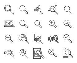 Simple collection of research related line icons. Thin line vector set of signs for infographic, logo, app development and website design. Premium symbols isolated on a white background.
