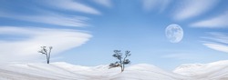 Winter landscape in the style of minimalism. Lonely trees, snowy hills against the blue sky with clouds and moon. Banner format.