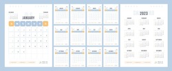 2023 Calendar template design. Week starts on Sunday black and blue calendar for businessman. Desktop planner in simple clean style. Corporate or business calendar. English vector calendar layout.