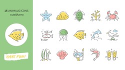 Sea vacation icons set. Ocean and Beach theme isolated outline icons - starfish, seashell, turtle, coral, outline, line, linear, crab, fish, jellyfish, dolphin, reef, seagull, coast, seaweed, mask.