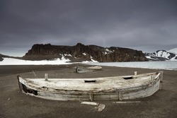 Abandoned boat, below camera, Deception Island, South Shetlands