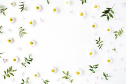 Frame of chamomiles, branches, leaves and lilac petals on white background. Flat lay, top view