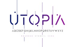 Rounded stencil san serif, alphabet, uppercase letters, typography. Vector illustration.