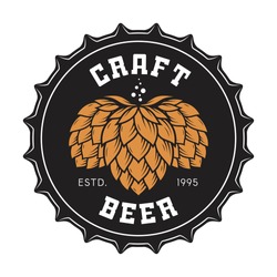 Illustration of craft beer bottle cap with hops for pub, bar, brewery, restaurant. Vector emblem, label, logo, stamp, badge.