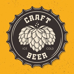 Illustration of craft beer bottle cap with hops for pub, bar, brewery, restaurant. Vector emblem, label, logo, stamp, badge.