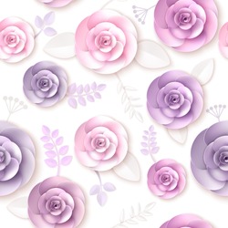Vector flowers seamless pattern element. Elegant texture for backgrounds. 3D elements with shadows and highlights. Paper flowers.