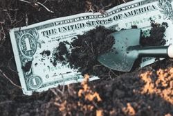 bury the dollar by burying and throwing earth. money throwing away concept
