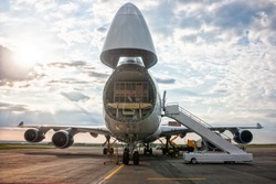 Unloading wide-body cargo airplane