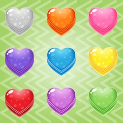 Sweet candy match3 Heart block puzzle button glossy jelly. 2d asset for user interface GUI in mobile application or casual video game. Vector for web or game design. Decorative GUI elements, Cartoon