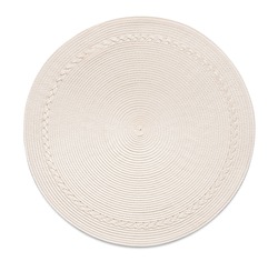 Top view of off-white round woven placemat, isolated