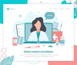 Online medical consultation. Doctor in your computer. Landing page template. Flat vector illustration.