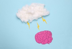 Paper-cut brain whith cloud with lightnings on a blue background. The effect of weather on well-being. Headache