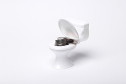 Toilet model with coins isolated on white background. Financial crisis